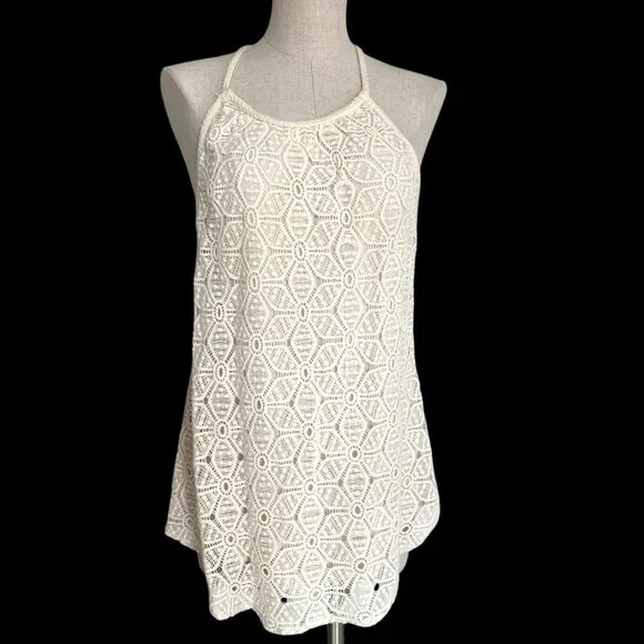 Solitaire Cream Sleeveless Halter Top Crochet Overlay Racerback Womens Size L ? - Picture 1 of 8